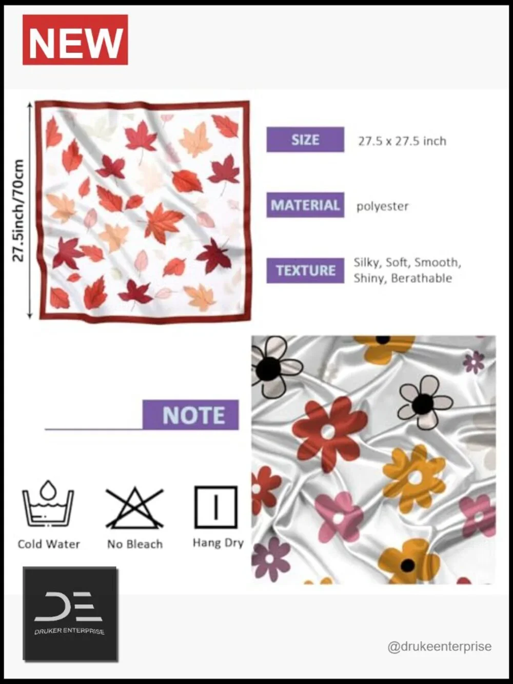 2PCS Satin Scarf Silk Feeling Hair Wrap Lightweight Square 27.5 Inches